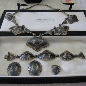 Vintage Large Heavy Siam Sterling Niello 4 Piece (5 pcs) Jewelry Set w/box.